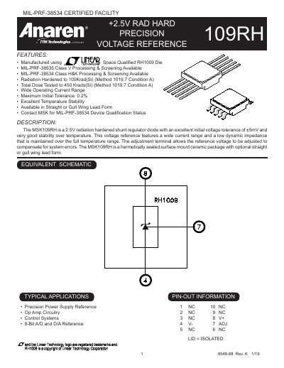 MSK 109RH Radiation Hardened Precision Voltage Reference Datasheet