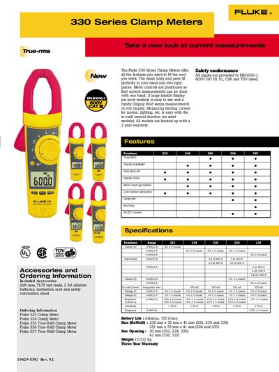 Fluke 330 Series Clamp Meter Datasheet - cover page