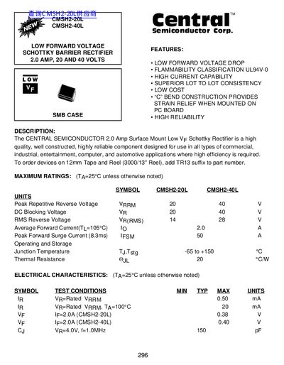 Central Semiconductor CMSH2-20L/CMSH2-40L Schottky Barrier Rectifier Datasheet