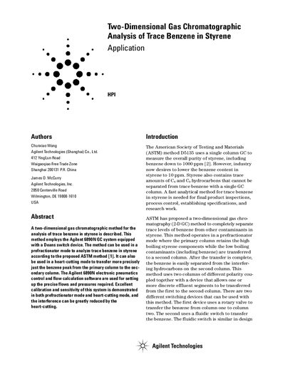 Agilent 6890N Two-Dimensional Gas Chromatographic Analysis of Trace Benzene in Styrene Application Note - cover page
