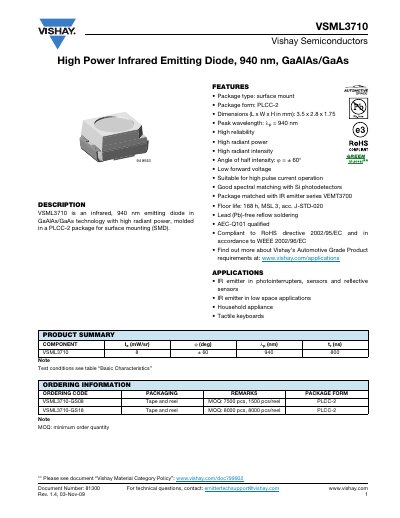 Vishay VSML3710 High Power Infrared Emitting Diode Datasheet - cover page