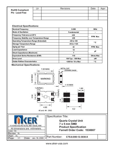 AKER C7S-8.000-12-3030-X Quartz Crystal Unit Datasheet