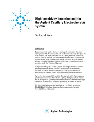 Agilent G 1600-68723 High-Sensitivity Detection Cell Technical Note - cover page