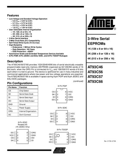 ATMEL AT93C46 AT93C56 AT93C57 AT93C66 DATA SHEET - cover page