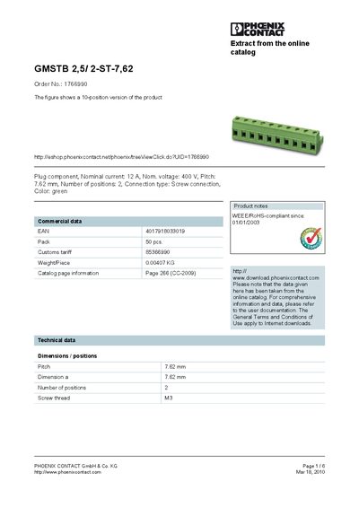 PHOENIX CONTACT GMSTB 2 5/ 2-ST-7 62 Order No.: 1766990 The figure shows a 10-position version of the product handbook - cover page