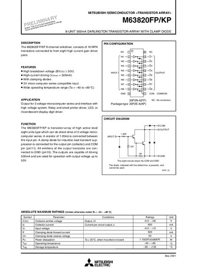 Mitsubishi M63820FP/KP Transistor Array Datasheet - cover page