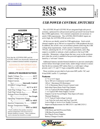 Allegro A2525/A2535 USB Power Control Switches Datasheet - cover page