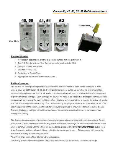 Canon 40, 41, 50, 51, 52 Ink Cartridge Refill Instructions - cover page