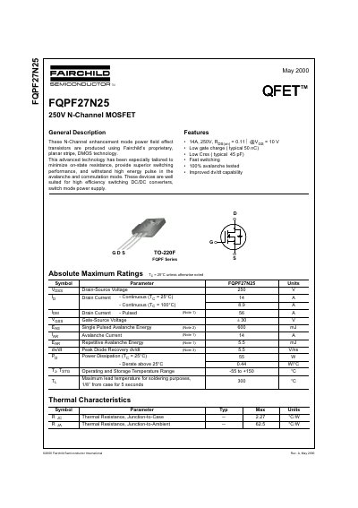 Fairchild FQPF27N25 N-Channel MOSFET Datasheet - cover page