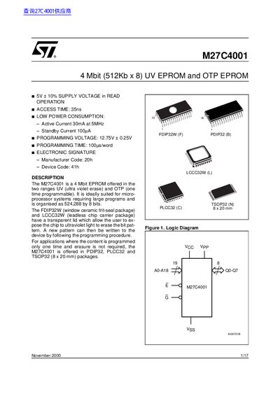 STMicroelectronics M27C4001 4 Mbit UV/OTP EPROM Datasheet - cover page