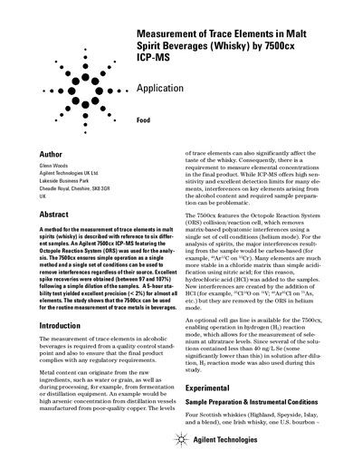 Agilent 7500cx ICP-MS Measurement of Trace Elements in Malt Spirit Beverages - cover page