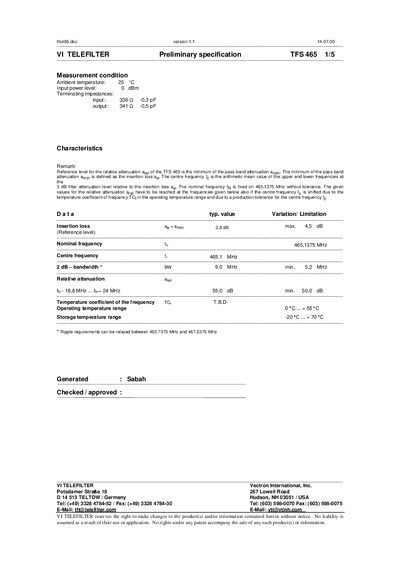 VI TELEFILTER TFS 465 Filter Preliminary Specification - cover page