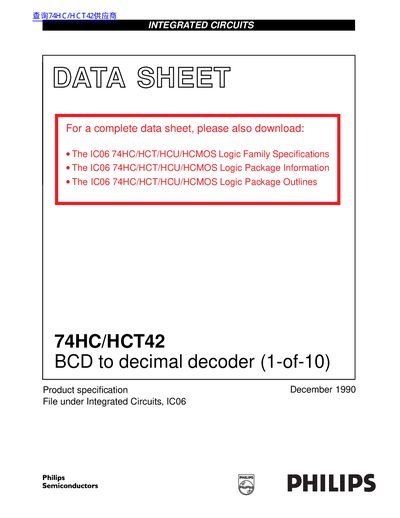 PHILIPS 74HC/HCT42 BCD to decimal decoder (1-of-10) handbook