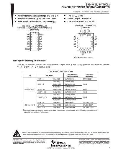 Texas Instruments SN54HC02 / SN74HC02 Quad 2-Input NOR Gate Datasheet - cover page