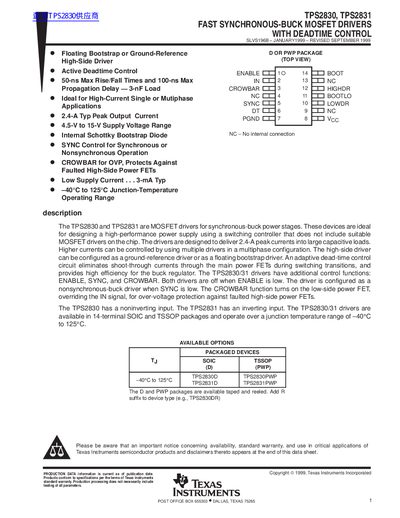 TEXAS INSTRUMENTS TPS2830 TPS2831 FAST SYNCHRONOUS-BUCK MOSFET DRIVERS WITH DEADTIME CONTROL Data Sheet - cover page