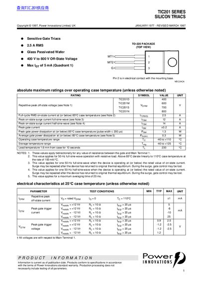 Power Innovations TIC201 Series Silicon Triacs Datasheet - cover page