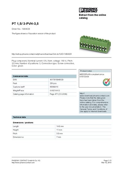 Phoenix Contact PT 1,5/3-PVH-3,5 Product Handbook - cover page