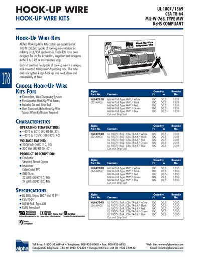ALPHA WIRE - HOOK-UP WIRE HOOK-UP WIRE KITS UL 1007/1569 CSA TR-64 MIL-W-76B TYPE MW RoHS COMPLIANT - cover page