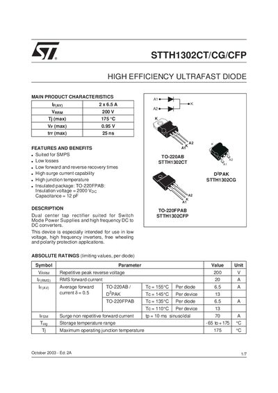 STMicroelectronics STTH1302CT/CG/CFP High Efficiency Ultra-Fast Diode Datasheet - cover page