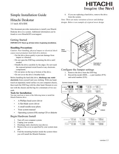 Hitachi Deskstar 3.5" ATA/IDE Hard Drive Installation Guide - cover page