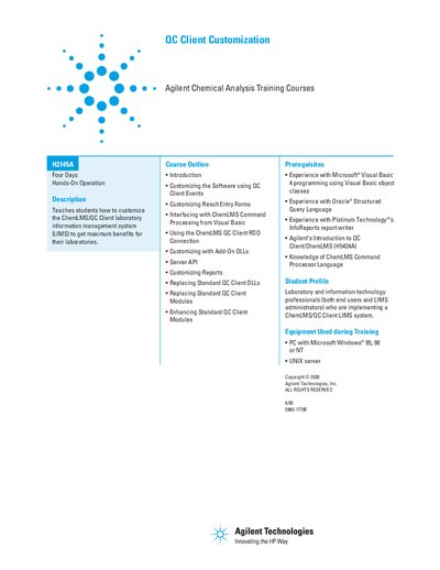 Agilent QC Client Customization (H2145A) Course Handbook - cover page