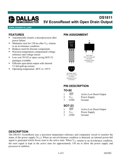 Dallas DS1811 EconoReset Datasheet - cover page