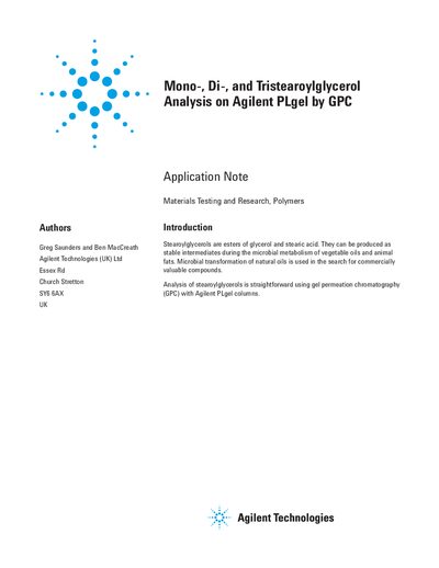 Mono-, Di-, and Tristearoylglycerol Analysis on Agilent PLgel by GPC Application Note - cover page