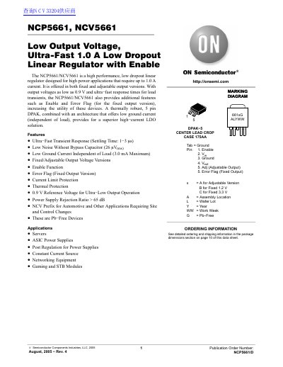ON Semiconductor NCP5661/NCV5661 Low Dropout Linear Regulator Datasheet - cover page