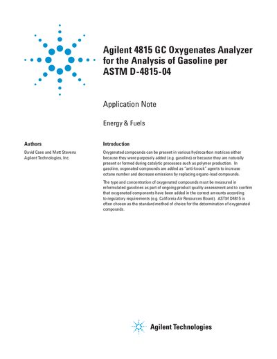 Agilent 4815 GC Oxygenates Analyzer Application Note - cover page