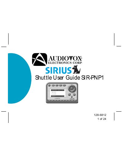 Audiovox SIRIUS Shuttle SIR-PNP1 User Guide - cover page