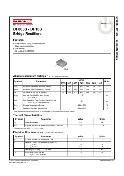Fairchild DF005S-DF10S Bridge Rectifiers Datasheet - cover page