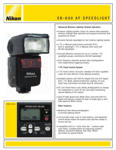 Nikon SB-600 Speedlight User Manual