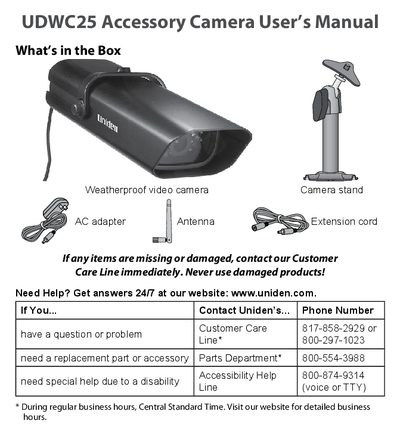 Uniden UDWC25 Accessory Camera User's Manual - cover page