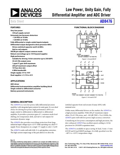 Analog Devices AD8476 Data Sheet - cover page