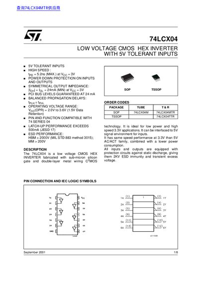 STMicroelectronics 74LCX04 Low Voltage CMOS Hex Inverter Datasheet - cover page