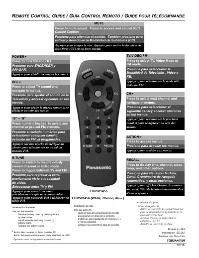 Panasonic EUR501455 Remote Control Guide - cover page