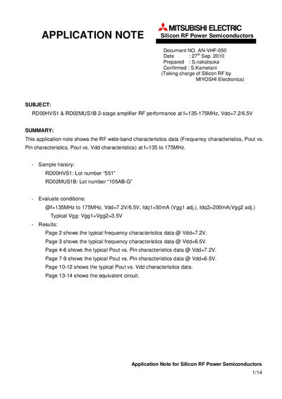 Mitsubishi Electric RDOOHVS1 &amp; RDO2MUS1B Application Note AN-VHF-050