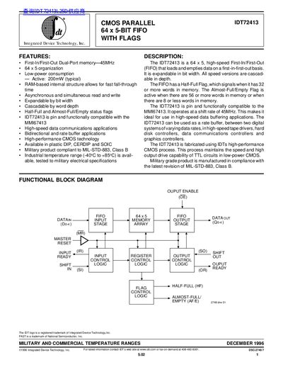 IDT IDT72413 CMOS Parallel 64x5-Bit FIFO with Flags Datasheet - cover page