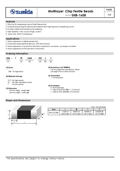 Sumida SHB-1608 Multilayer Chip Ferrite Beads Datasheet - cover page