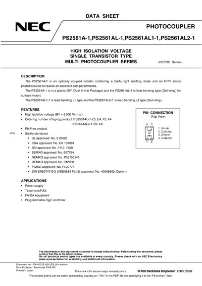 NEC PS2561A-1/PS2561AL-1/PS2561AL1-1/PS2561AL2-1 Photo Coupler Datasheet - cover page