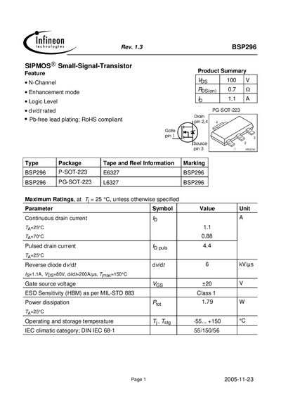 Infineon BSP296 Datasheet - cover page