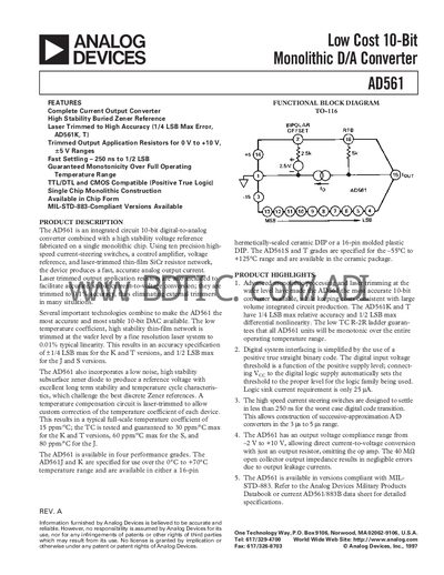 Analog Devices AD561 Datasheet - cover page