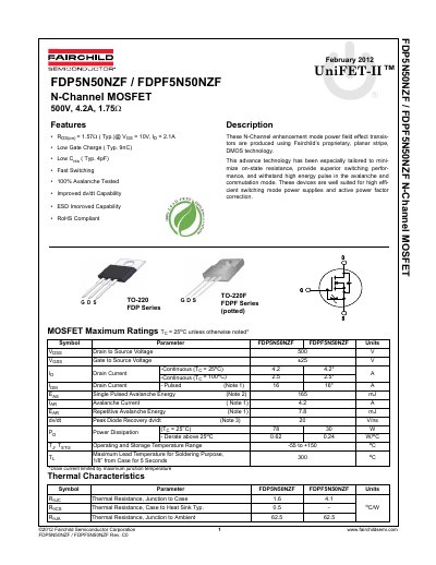 Fairchild FDP5N50NZF/FDPF5N50NZF N-Channel MOSFET Datasheet