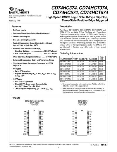 Texas Instruments CD74HC374 CD74HCT374 CD74HC574 CD74HCT574 Datasheet - cover page