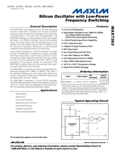 Maxim MAX7383 Silicon Oscillator Data Sheet - cover page