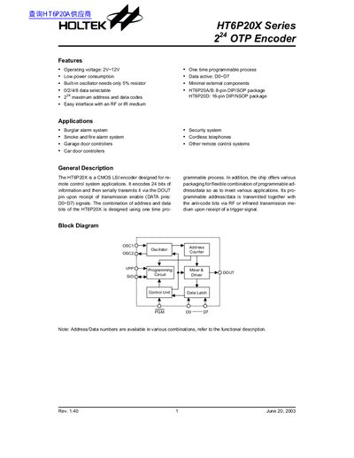 Holtek HT6P20X Series OTP Encoder Data Sheet - cover page