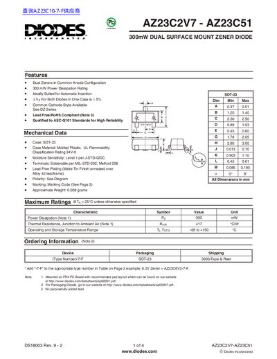 Diodes Incorporated AZ23C2V7-AZ23C51 Dual Surface Mount Zener Diode Datasheet - cover page