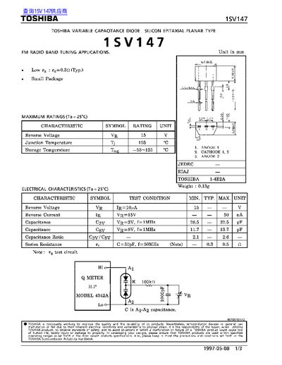 Toshiba 1SV147 Variable Capacitance Diode Datasheet - cover page