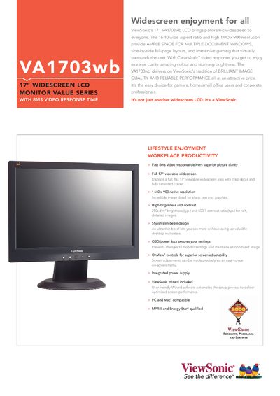 ViewSonic VA1703wb 17" Widescreen LCD Monitor Value Series User Manual - cover page