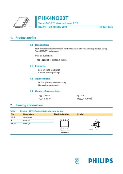 Philips PHK4NQ20T TrenchMOS Standard Level FET Datasheet - cover page